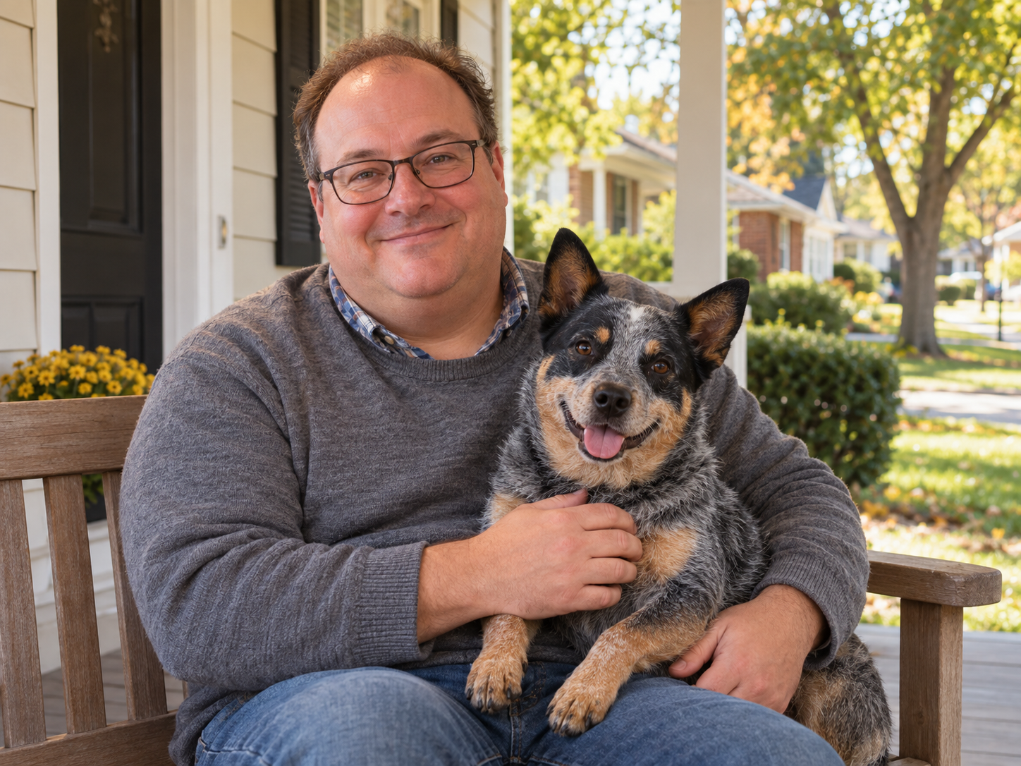 Randy sitting on his front porch with his dog