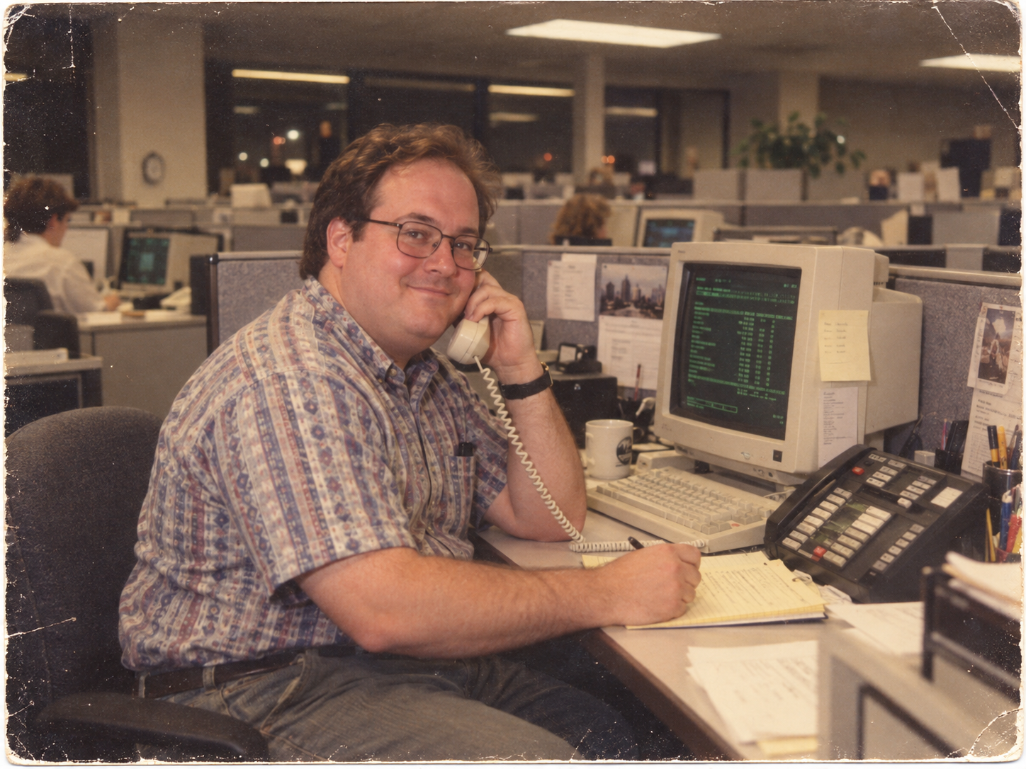 Randy at a call-center workstation during a night shift