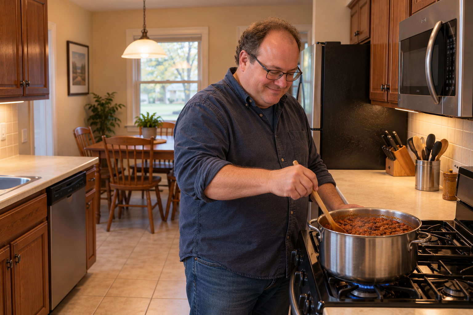 Randy stirring a pot of homemade chili in his kitchen