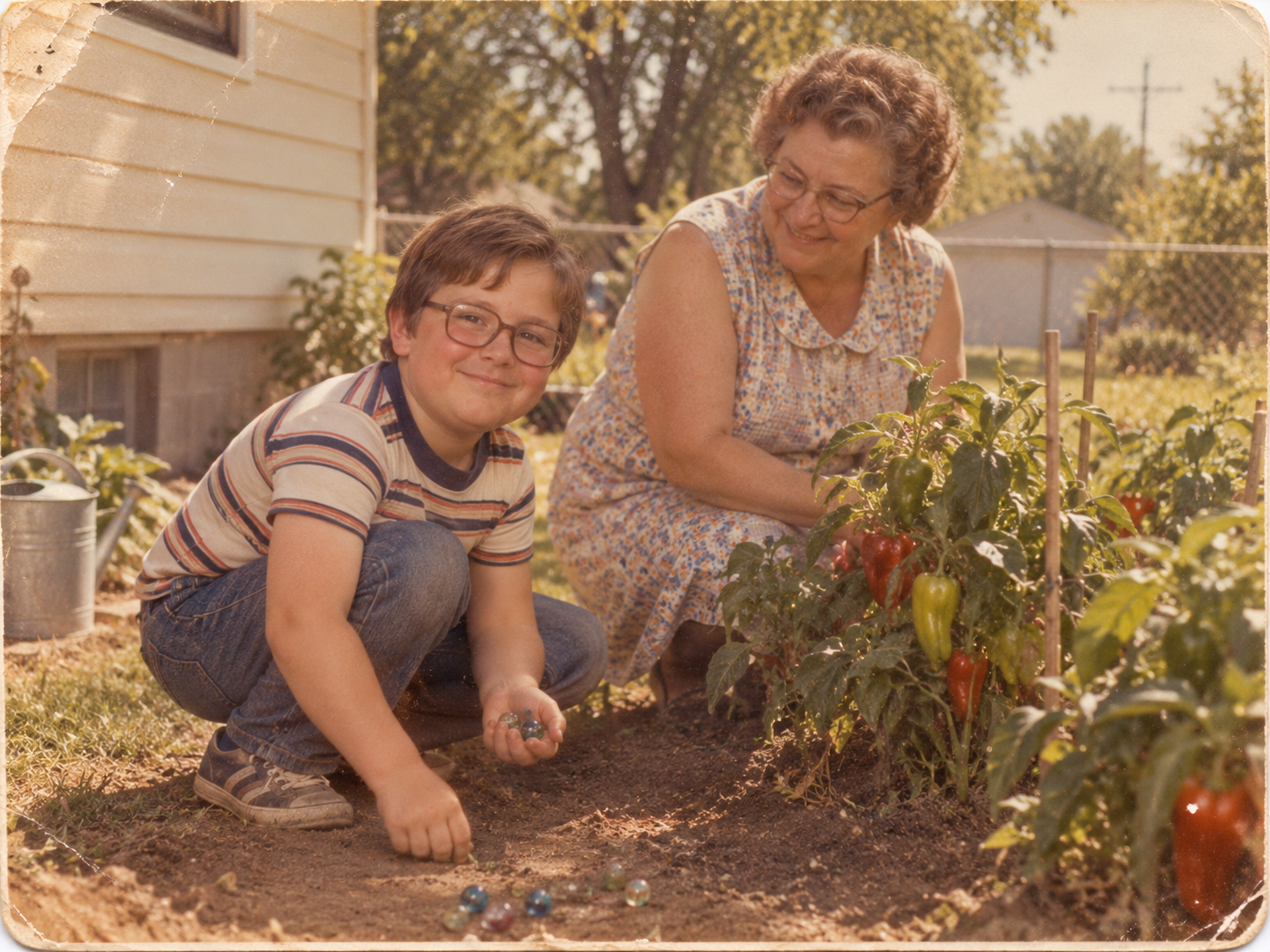 Young Randy with his grandmother beside her pepper garden