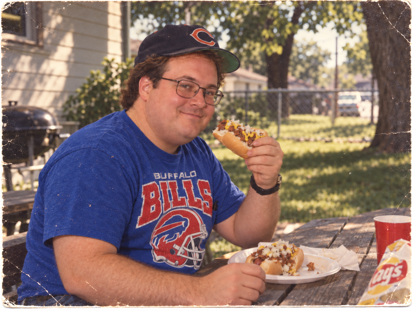 Randy eating a hot dog with Rochester meat hot sauce in the backyard in the 1990s