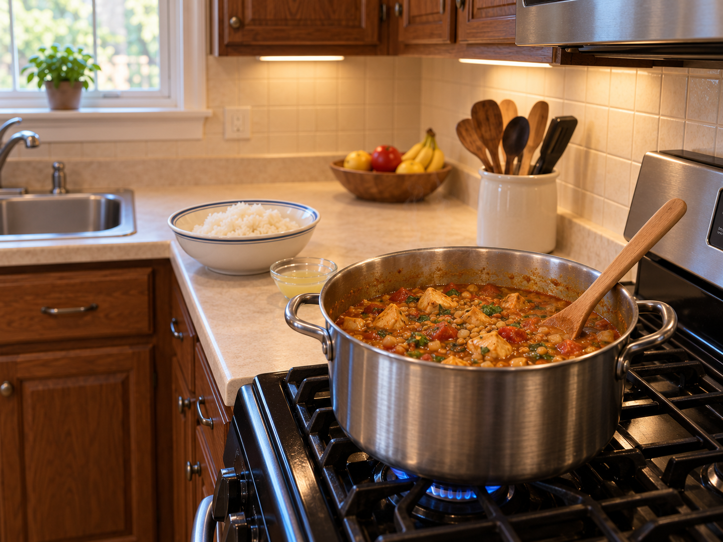 Chicken lentil curry stew simmering on Randy's stove with rice nearby