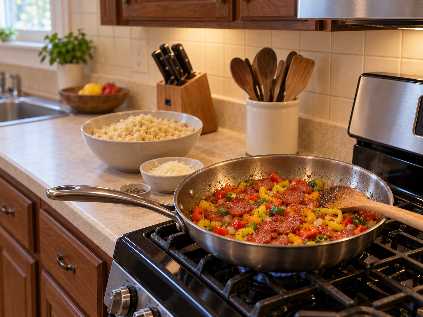 Peppers and pepperoni cooking in a skillet with prepared couscous nearby