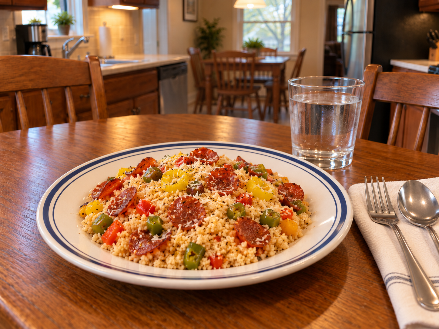 Summer Pepperoni Couscous served in Randy's blue-rimmed dish